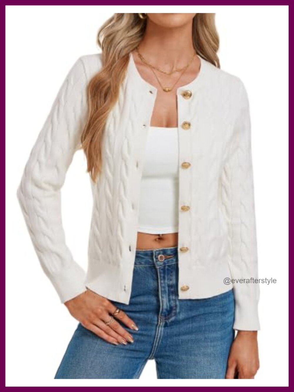 Women's Button Up Cable Knit Cardigan Long Sleeve Crew Neck Sweater